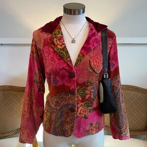 Vintage Floral Velvet Women's Blazer Jacket, 100% Cotton, Size Small